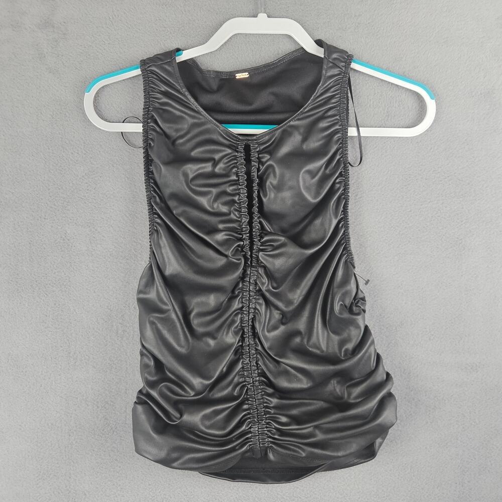 Free People Ride Along Ruched Tank Vest Top Faux Leather Black